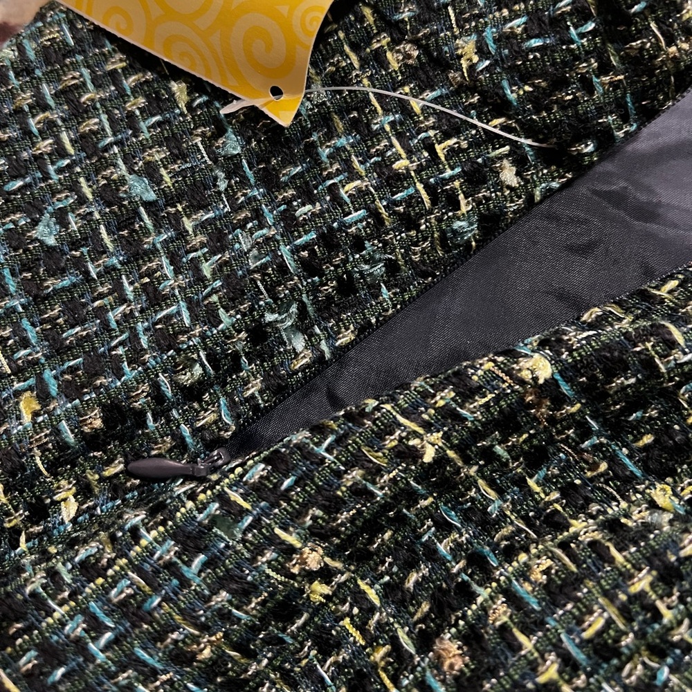 Navy, Green & Yellow Metallic Classic Tweed Asymmetrical Frayed Edge Skirt. - Picture 7 of 14